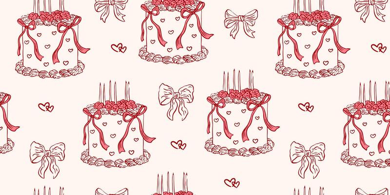 Seamless pattern with coquette cakes and bows,,. Hand drawn vintage background with girly aesthetic element for Valentine's day, wedding, birthday. Trendy print for wrapping paper, fabric, textile.