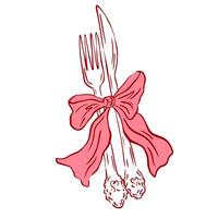 Whimsical fork and knife with bow. Coquette dishes with bow in hand drawn style for designed modern menu restaurant and cafe in simple crayon and sketch style. Doodle outline illustration vector