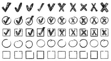 Check marks doodle, set. Vote, yes, no, checkbox, checklist, tick and cross signs, v and x drawn concept. Hand drawn crayon sketch style illustration, vector