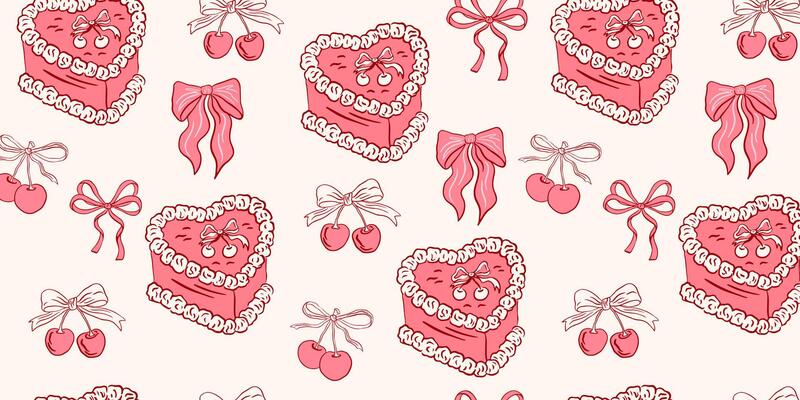 Coquette cakes with cherry,, bows seamless pattern. Hand drawn vintage background with girly aesthetic element for Valentine's day, wedding, birthday. Trendy print for wrapping paper, fabric, textile.