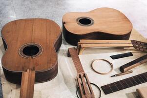 A workshop where classical guitars are made by hand. Close-up photo