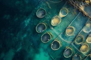 Fish farming activity using net cages in clear blue waters under bright sunlight photo