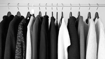 A black and white photo of clothes hanging on a rack