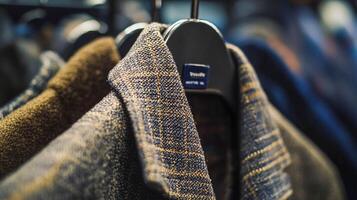 A close up of a coat rack with several coats photo