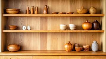 A wooden shelf with many different types of pots and vases photo