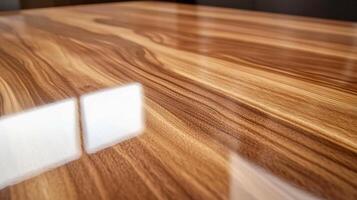 A table with a wooden surface and glass windows photo
