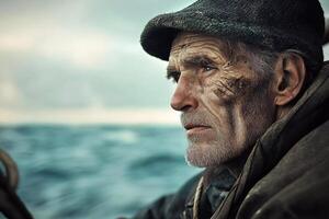 Weathered fisherman gazes into the distance while battling ocean waves at twilight photo