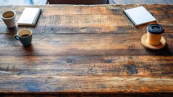 A wooden table with two cups and a notebook photo