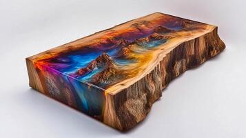 A wooden table with a colorful mountain scene on it photo