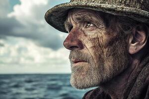 Fisherman reflects on a long day at sea while battling the elements under a dramatic sky photo