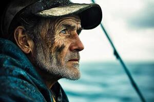 Old fisherman gazes thoughtfully at the ocean while on a small boat during a cloudy day at sea photo
