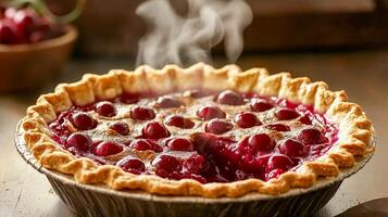 Freshly baked cherry pie cooling on a rustic kitchen table with steam rising in the warm light photo