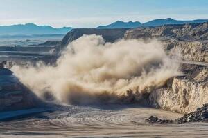 Dust cloud rises from rock explosion in quarry during bright daylight hours in mountainous region photo
