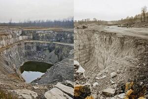 Multi-perspective view of an abandoned quarry with steep cliffs and water reflecting the surroundings photo