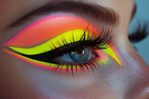 Vibrant display of neon body art on a model with shimmering highlights in a studio setting photo