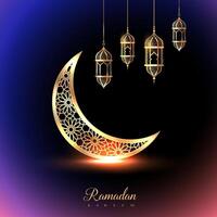 Elegant gradient Ramadan Kareem celebration card with golden crescent and lanterns hanging vector