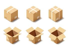 Open and closed cardboard boxes mockup set vector