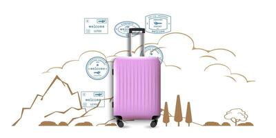 Lilac realistic suitcase 3d style with different travel elements vector
