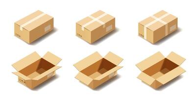 Realistic open and closed cardboard boxes mockup isometric vector