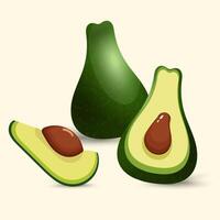 A groups of Avocadoes green fruits concepts, A fresh, whole avocado stands in the background, accompanied by two sliced halves revealing their creamy green vector