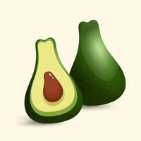 a group of avocados one whole with a deep green peel and two halves displaying rich, buttery textures. vector