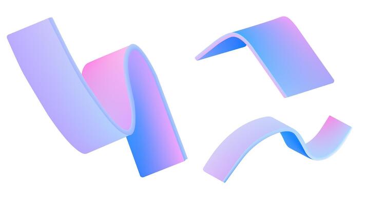 Gradient color wave. 3D Hologram ribbon. Abstract shape in blue and purple. Fluid swirl element graphic for modern digital banner. Trendy isolated gradation texture for futuristic party design