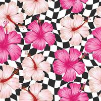 Abstract Floral seamless pattern with leaves with abstract geometrical shapes checker background vector