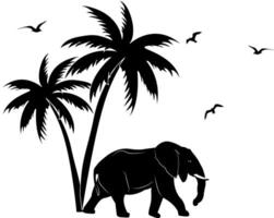 Elephant under a palm tree. Massive body, long trunk, large ears and strong legs. Image of strength, greatness and wisdom. vector