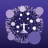 Abstract space figure on a platform slowly flying surrounded by shining spheres vector
