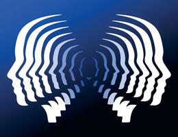 Abstract Optical Illusion of a Head in Motion. This digital artwork showcases a series of white head silhouettes in a wavy, mirrored pattern, creating an optical illusion of movement and perception. vector