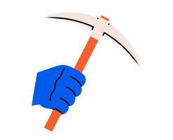 Hand drawn cute cartoon illustration of hand holding pickaxe. Flat miner or digger tool in arm doodle. Support service hardware icon. Settings or fix problem. Crypto currency sign. Isolated. vector