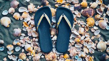 A pair of flip flops on a beach with shells photo