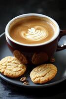 A cup of coffee and cookies on a plate photo