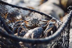 Crab caught in a net on a rocky shoreline during low tide in a coastal region photo