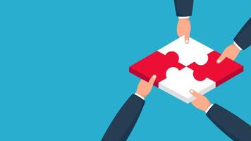 Business Illustration of Teamwork Achieving Success Challenge or Target. Hand Drawn Puzzle Character Concept and Blue Background Space vector