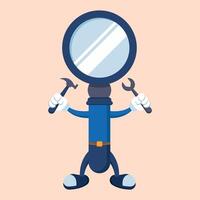 Magnifying Glass Character with Holding Key and Hammer Symbol Design of Business, Investment. vector