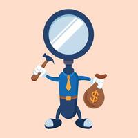 Magnifying Glass Character with Holding Sack and Hammer Symbol Design of Business, Investment. vector
