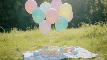 A picnic table with balloons and a basket of eggs photo