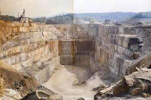 Quarry in operation showing layers of rock and machinery at work during daylight hours photo