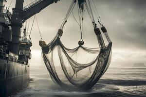 Fishing vessel retrieving a large net from the ocean during a cloudy morning while preparing for the next catch photo