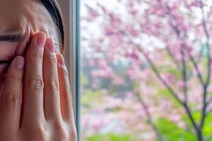 A woman is holding her face to the window photo