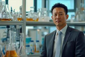 A man in a suit and tie standing in front of a laboratory photo