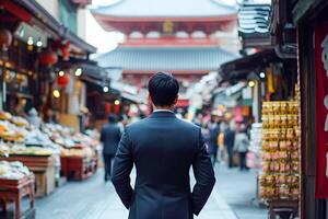 A man in a suit is walking down a narrow street photo