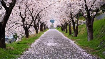 A path lined with cherry trees in bloom photo