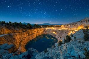 The night sky over an open pit mine with lights shining on it photo