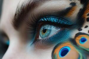 A woman's eye with peacock feathers on it photo