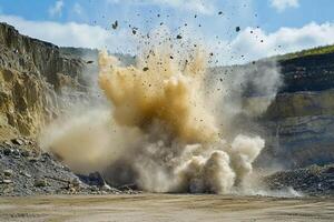 Explosion occurring in a mining site with dust and debris flying into the air during daylight hours photo