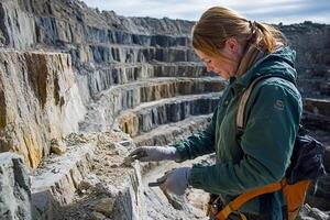 A woman in a green jacket is standing in a quarry photo