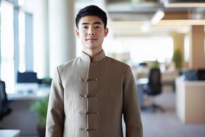 A man in an office wearing a chinese style suit photo