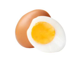 Raw brown chicken egg and cooked or boiled chicken egg with egg yolk in half isolated with clipping path in file format png